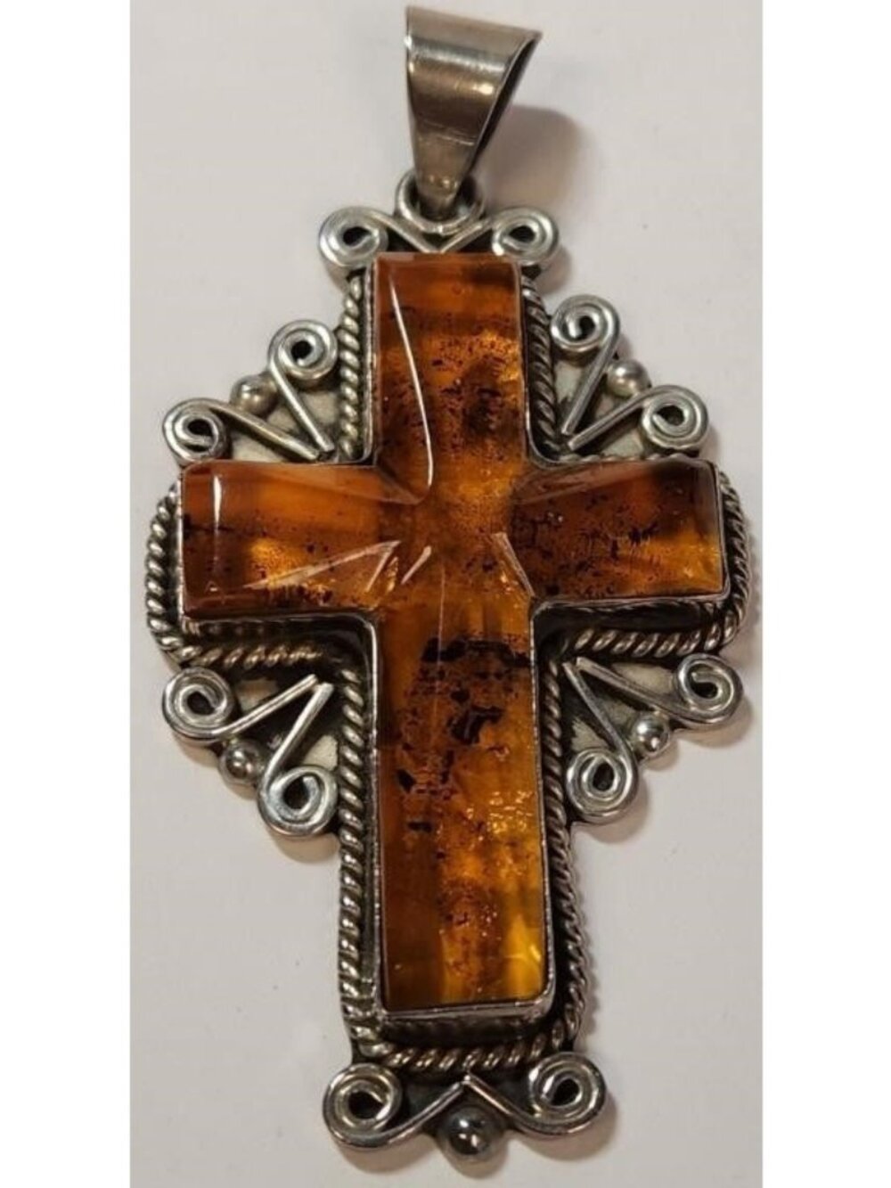 Amber Cross Pendant Sterling Silver Mexico 925 Taxco Artisan M-41